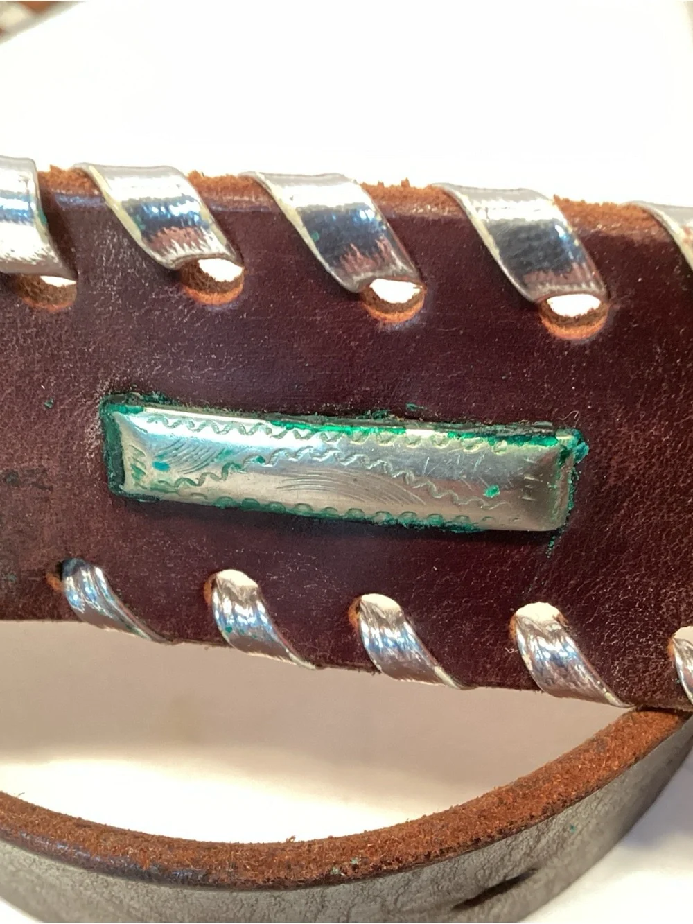 Vintage Leather Belt With Engraved Silver Accents 32 Brown Western Cowboy